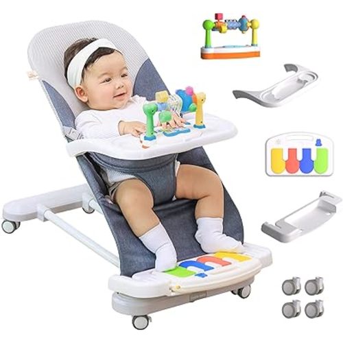 CuddoBaby Baby Bouncer 4-in-1 with Wheels, Detachable Piano, Feeding Tray, Play Bar, Thick Base. 3-Level Incline Portable Seat for Infant to Toddler 0-6, 0-12, 12-24 Months, Upto 29Lbs - Blue