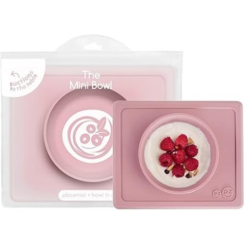 ezpz Mini Bowl for 12 Months+ (Blush) - 100% Silicone Suction Bowl with Built-in Placemat for Toddlers - Comes with a Reusable Travel Bag