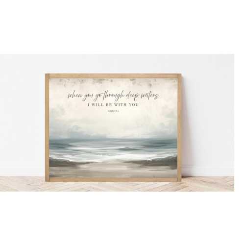 Isaiah 43:2 Deep Waters Scripture Art | Vintage Christian Wall Decor | Ocean-Inspired Faith Print | Inspirational Home Sign