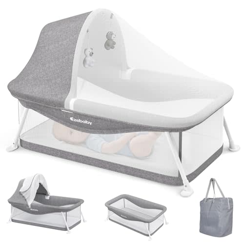 Ezebaby Portable Travel Bassinet for Baby 0-5 Months, Foldable Newborn Bassinet Baby Bed Infant Crib with Padded Mattress, Canopy, Mosquito Net, Carrying Bag