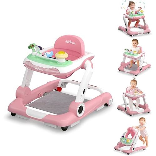Baby Walker with Wheels, 5 in 1 Walker for Baby Boy Girl 6-12 Months with Bouncer, Music and Lights Baby Jumper Activity Center, Adjustable Height Speed, Push Walker for Ages 6-18 Months Toddler