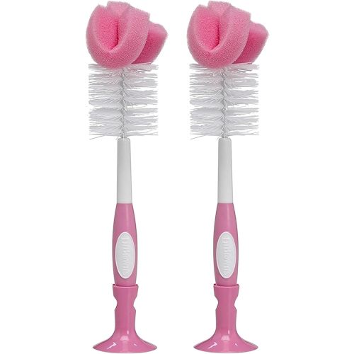 Dr. Brown's Reusable Sponge Baby Bottle Cleaning Brush with Suction Cup Stand, Scrubber and Nipple Cleaner, BPA-Free, Pink, 2-Pack