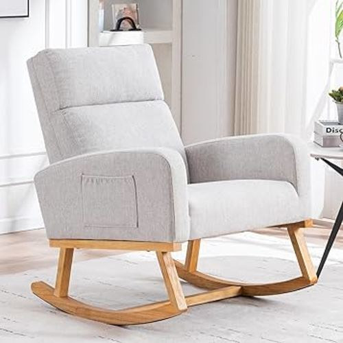 Rocking Chair Nursery, Nursering Rocker Armchair with High Backrest, Comfy Rocking Chair for Nursery, Living Room,Bedroom (Light Grey)
