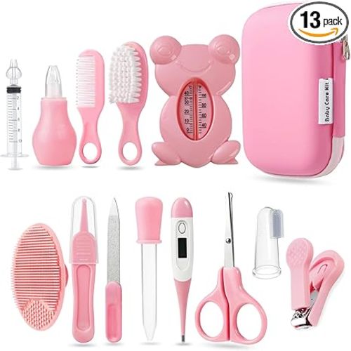 PandaEar Baby Healthcare and Grooming Kit, 13-in-1 Pink: Baby Comb, Brush, Finger Toothbrush, Nail Clippers, Scissors, Nasal Aspirator, Baby Essentials Nursery Care Kit
