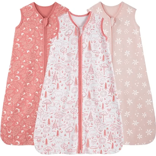 Baby Sleep Sack 6-12 Months, 100% Cotton Sleeping Sack for Newborn and Infant, 3 Pack Baby Wearable Blanket, 0.5 Tog Lightweight Double Zipper Sleep Bag Pink