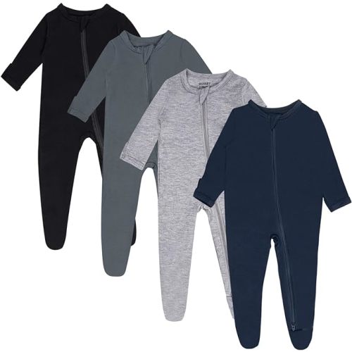 Rayon Baby Footed Pajamas with Mitten Cuffs, 2 Way Zipper Long Sleeve Sleepers 4-pack - 0-3 Months - Black-navy-grey-sliver Grey