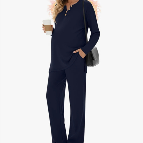 2 Piece Thermal Maternity Lounge Set Postpartum Pregnancy Fleece Loungewear Long Sleeve Top and Wide Leg Pant