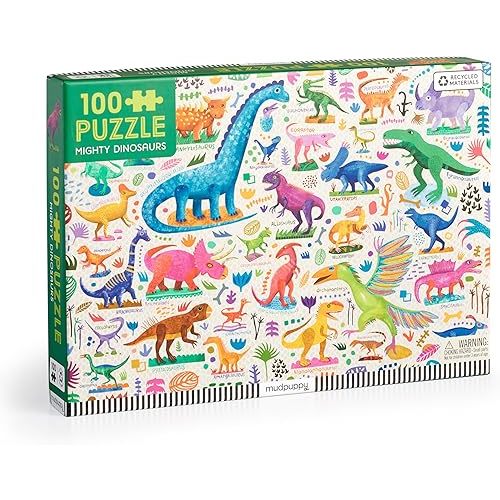Mudpuppy Mighty Dinosaurs 100 Piece Puzzle – 100 Piece Jigsaw Puzzle with Colorful and Fun Illustrations of Jurassic Creatures for Children Ages 5 and Up