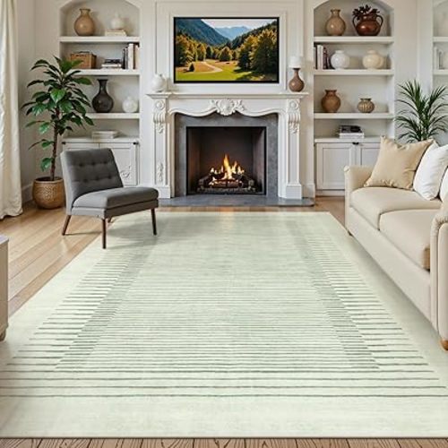 Morebes Green 8x10 Area Rug for Living Room, Modern Geometric Washable Bedroom Rugs Non Slip, Striped Soft Low Pile Indoor Carpet for Dining Room Home Department(8'x10',Sage Green)
