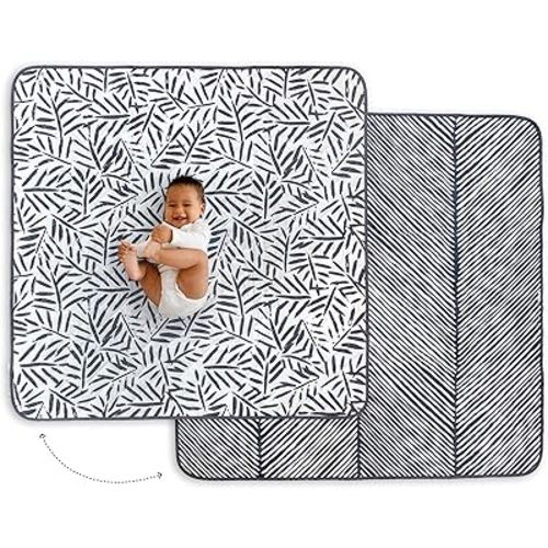 Toddlekind Pretty Practical Mat 100% Organic Cotton 47" x 47”, Reversible, Portable, Travel, Portable, Indoor/Outdoor, for Babies/Toddlers, Sandy Lines-Ocean Leaves-Charcoal (Grey/Black)