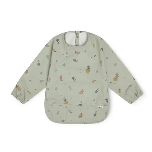 Lalo Smock Bib - Long Sleeve Baby Bib, Elastic Cuffs for Comfort, Large Catch-All Pocket, Waterproof Recycled Polyester - Durable Baby Smock Bib for Mealtime - Ages 6-24 Mo. - Fruit Print Sage