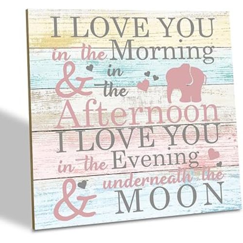 Love Sign, Wood Plaque Table Art Sign 6.2 * 6.2inch, Elephant Wood Sign for Nursery, Decoration for Baby Girls Room, Daughter's Room Decor, I Love You in the Morning Afternoon Evening & Moon A
