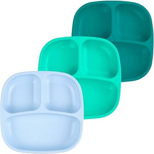 Re-Play Toddler Plates with Dividers - Deep-Walled 3 Compartments Divided Plates for Kids - Dishwasher & Microwave Safe - Made in USA - Set of 3-7.37" x 7.37" x 1.25" - Sea Glass