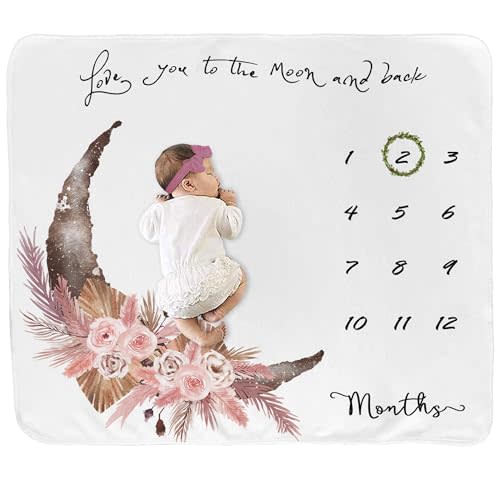fundich Baby Milestone Blanket for Baby Girl, Newborn Monthly Milestone Blanket, Baby Growth Chart Blanket, Boho Nursery Decor for Girls, Photo Prop Blanket with Wreath&Headband 45”x40”