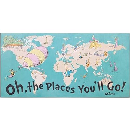 Patton Wall Decor 40x20 Dr. Seuss Colorful Characters Oh The Places You'll Go World Map Stretched Canvas Wall Art, Blue