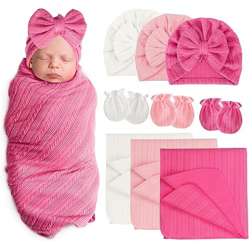 Newborn Receiving Blanket with Bow Hat Mittens Set Wheat-Pattern Newborns Toddler Baby Boy Girl Nursery Swaddle Wrap