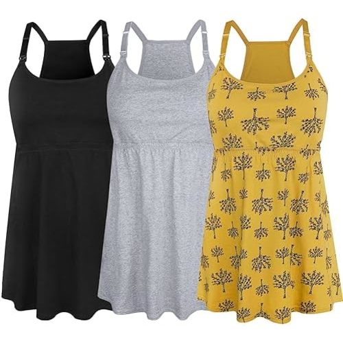 SUIEK 3 Pack Maternity Nursing Tank Tops with Bralette Cotton Breastfeeding Camisole