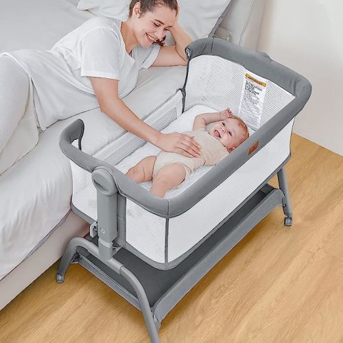 BabyBond Baby Bassinet, 3 in 1 Bassinet Bedside Sleeper with Soft Mattress and Sheet, 6 Height Adjustable Cosleeper Bedside Crib, 4-Sided Mesh Bedside Bassinet for Baby - Grey
