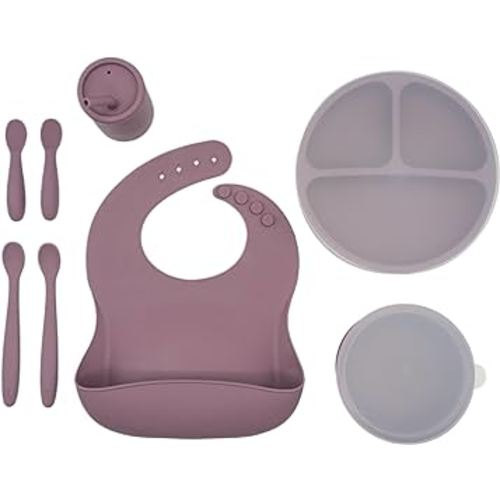 WeeSprout Baby Led Weaning Bundle, Silicone Suction Bowl, Spoons, Bib & Cup, Develops Self Feeding Skills, Dishwasher Safe (Purple)