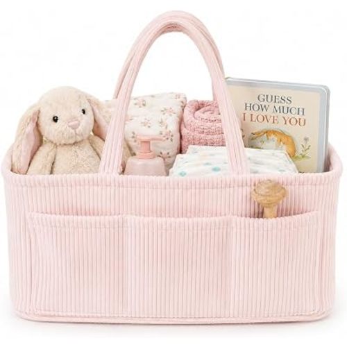 Diaper Caddy Organizer, Premium Baby Pink Corduroy Nursery Storage Basket with Removable Dividers & Handles, Portable Organizer for Diapers, Essentials, Baby Registry & Shower Gift