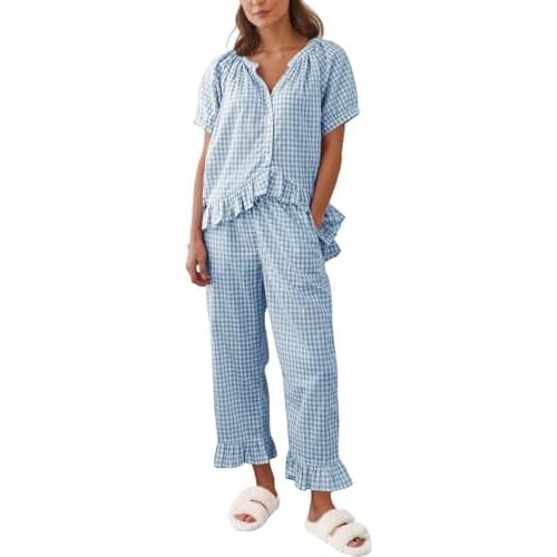Gihuo Gingham Pajama Set for Women 2 Piece Plaid Cotton Button Down Top and Pants Ruffle Babydoll Pjs Lounge Sets