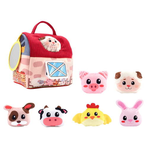 6 PCS Baby Toys 6-12 Months - Surprise Barn with Stuffed Farm Animals, Mirror - Montessori Toys for Babies, Sensory Balls for Toddlers 1-3 - Baby Festival Basket Stuffers Gifts Pink