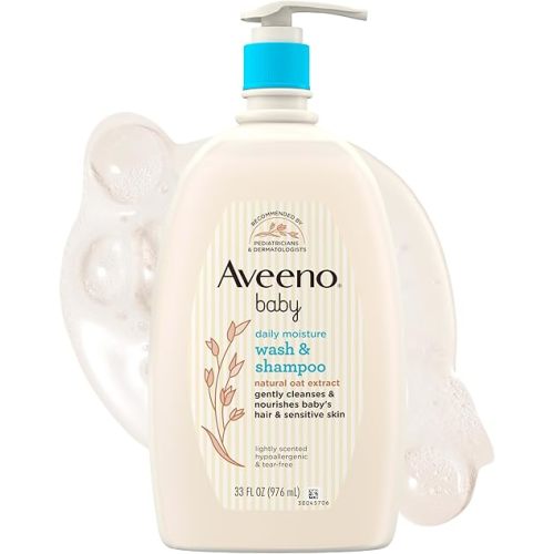 Aveeno Baby Daily Moisture Gentle Baby Body Wash and Shampoo with Oat Extract, 2-in-1 Baby Wash & Hair Shampoo, Tear-Free, pH Balanced for Sensitive Skin & Hair, Lightly Scented, Value Size 33 Fl Oz