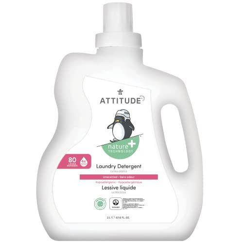 ATTITUDE Baby Laundry Detergent, EWG Verified, Plant and Mineral-Based Formula, HE Compatible, Vegan and Cruelty-free Household Products, Unscented, 80 Loads (Concentrated), 67.6 Fl Oz