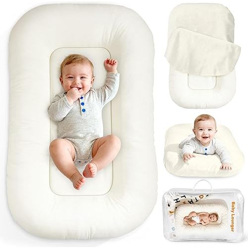 Baby Lounger & Nest for Newborn 0-24 Months, Baby Nest Supervised Breathable Cotton for Newborn, Newborn Essentials Gifts, Breathable Portable Infant Lounnger for Travel and Home(White