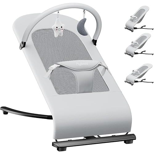 3-in-1 Portable Baby Bouncer & Rocker Chair for Newborn to Toddler - 4 Adjustable Recline Positions, Breathable Cotton Fabric, Natural Vibration, Supports Up to 33 lbs (Grey)