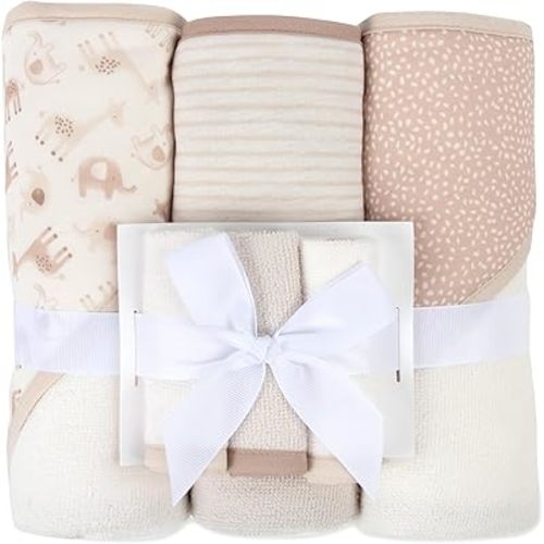 Jessica Simpson 6 Piece Printed Hooded Bath Towel and Washcloth Set for Infant, Newborns and Toddlers 3 – 24 Months for Bath Time, Showers, Lounge, Beach and Pool (6 Piece Zoo Animals Print)