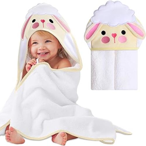 Mother's Choice Baby Hooded Towel - Large 33x33 Inch, 100% Cotton, Ultra-Soft & Absorbent Bath Towel for Newborns, Infants, Boys & Girls (Sheep)