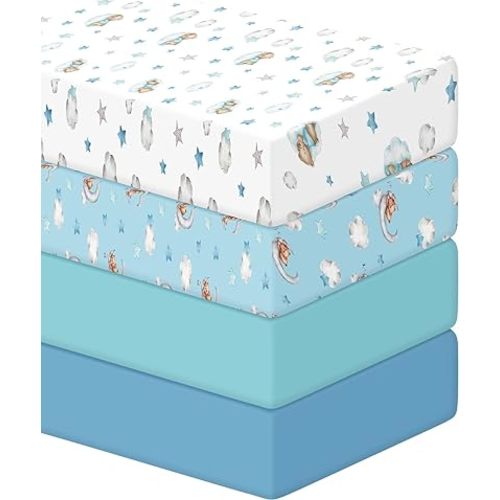 4 Pcs Baby Crib Sheets Blue Bear Fitted Crib Sheet Crib Mattress Unisex Soft and Breathable Crib Sheets Neutral Baby Sheets for Crib for Baby Girl and Baby Boys Gifts, 28 x 52 x 8 Inches