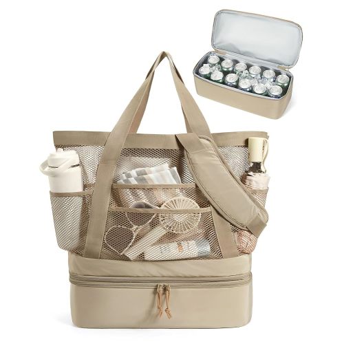 BAGSMART Beach Bag with Cooler, Mesh Beach Tote Bag with Zipper and Pockets Large Packable for Pool Swim Travel Essentials
