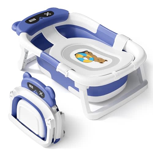 AVIDOR Baby Bathtub,Collapsible Bathtub for Newborn to Toddler,Durable Essential Infant Bath Tub,Portable Travel Baby Bathtub with Soft Cushion,No-Slip Hanging and Detachable Bathtub(Navy Blue)