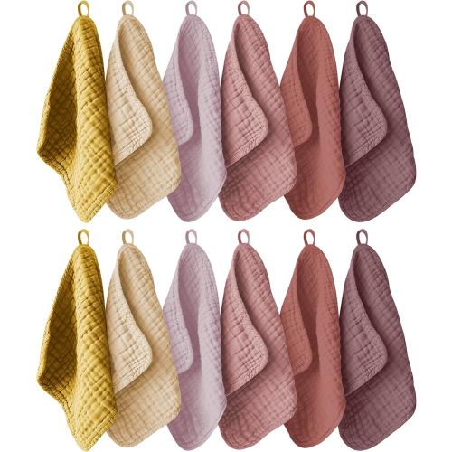12 Pack Muslin Washcloths for Baby - 100% Cotton Baby Wash Cloths for or Baby Face Body Comfy and Soft for Newborn Infants Kids Girls and Boys - 12"x12" - Brown, Honey and Bean Paste Series