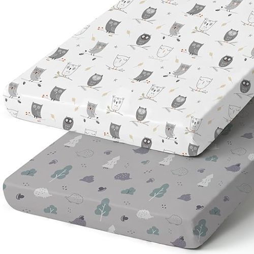Pack n Play Sheets, BROLEX 2 Pack Mini Crib Sheets,Stretchy Portable Fitted Playard Sheet Set, Convertible Playard Mattress Cover,Ultra Soft Breathable Material,Hedgehog&Owl - Hedgehog&owl