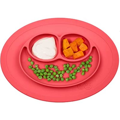 ezpz Mini Mat for 12 Months+ (Coral) - 100% Silicone Baby Plates with Suction and Built-in Placemat for Infants + Toddlers - Baby Led Weaning - For Highchair, Dining Table and Travel
