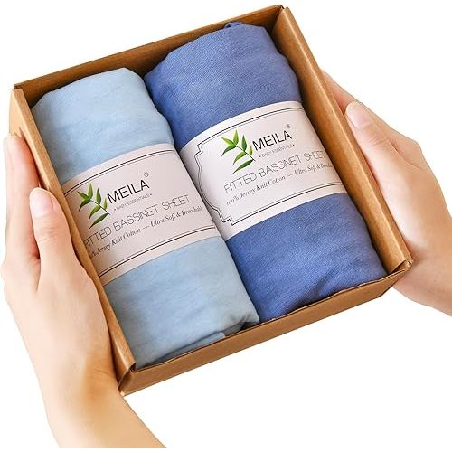 MEILA Bassinet Fitted Sheets Compatible with HARPPA Baby Bassinet & Fodoss Baby Bassinet, 100% Jersey Cotton Beside Bassinet Sheet for Baby Girl, Pack of 2, 33x20 (Blue+Navy Blue)