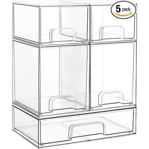 Vtopmart Stackable Storage Drawers Set of 5, Clear Plastic Organizer Bins for Beauty Supplies,Ideal for Vanity, Bathroom,Cabinet,Pantry Organization