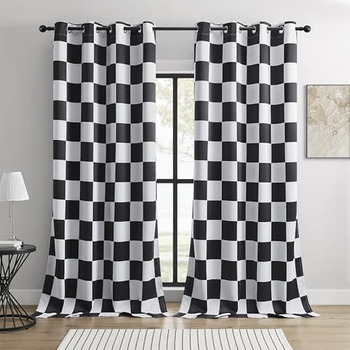 BOHOMOCASA 100% Blackout Curtains – Black and White Checkered Race Flag Pattern, 2 Panels, Each W52×L84, Thermal Insulated, Nosie Reducing for Bedroom, Living Room - Modern Sporty Design