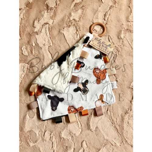 Cows Tag Lovey with Cowprint Minky / Western Baby / Farm Animals/ Baby Shower Gift / Mini Blanket Toy / Baby Sensory Play / Teething Lovey