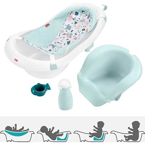 Fisher-Price Baby to Toddler Bath 4-in-1 Sling ‘n Seat Tub with Removable Infant Support and 2 Toys, Pacific Pebble