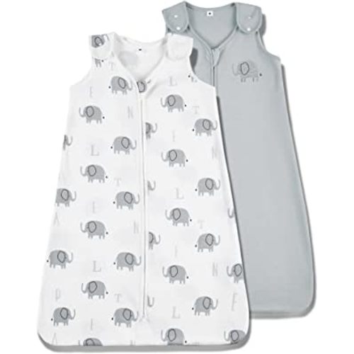TILLYOU Sleep Sack 2 Pack - Baby Wearable Blanket with 2-Way Zipper,Extra Soft Sleeveless Sleep Bag Sack for Boy Girl, Gray Elephant & Light Gray, 6-12 Months