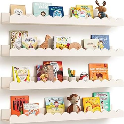 Scalloped Wall Bookshelves for Nursery, Floating Wooden Book Shelves for Kids Room, White Nursery Shelves for Wall, Baby & Toddler Room Decor