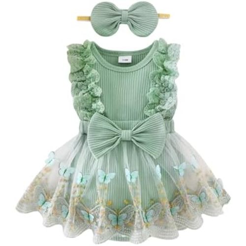 Baby Girl Clothes Infant Summer Outfits Cute Butterflies Mesh Ruffle Sleeveless Romper Headband Set 0-12 Months