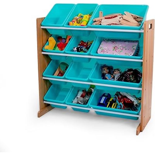 Humble Crew 12 Bin Toy Storage Organizer, Natural Wood/Aqua