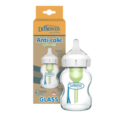 Dr. Brown's Natural Flow Anti-Colic Options+ Wide-Neck Glass Baby Bottle 5 oz/150 mL, with Level 1 Slow Flow Nipple, 1 Pack, 0m+