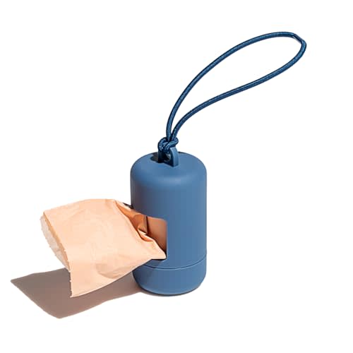 Wild One Dog Poop Bag Holder and Dispenser with Leash Attachment, Leak Proof, Easy Twist Top for Refills, Includes 1 Roll Poop Bags, Navy