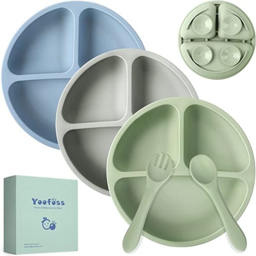 Yoofoss Toddler Plates 3 Pack - Suction Plates for Baby - 100% Silicone Baby Feeding Set include 1 Set Fork & Spoon - BPA Free - Microwave & Dishwasher Safe - Divided Design - Blue,Green&Grey - Without Lids & 1 Set Fork & Spoons Included